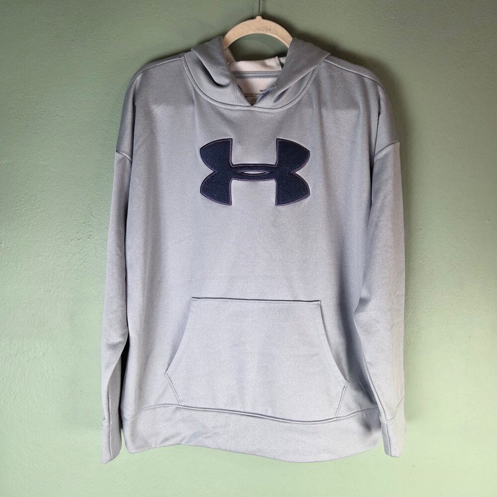 Under Armour Sweatshirt Women Large Heather Baby Blue Chest Logo Loose Hoodie